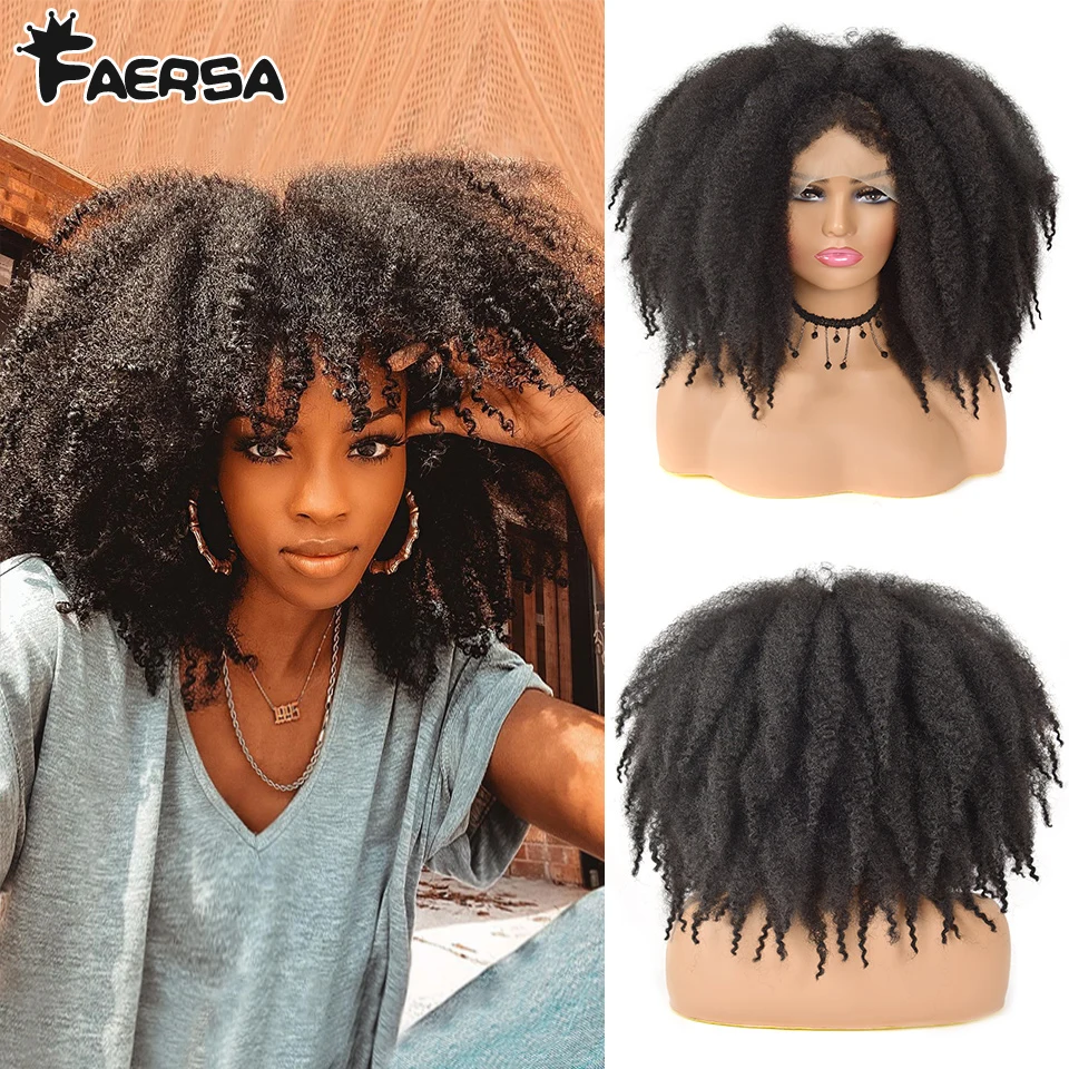 

Short Hair Afro Curly Wigs With Bangs Crochet Hair Lace Front Wig For Black Women Synthetic Ombre Glueless Cosplay Wigs Faersa