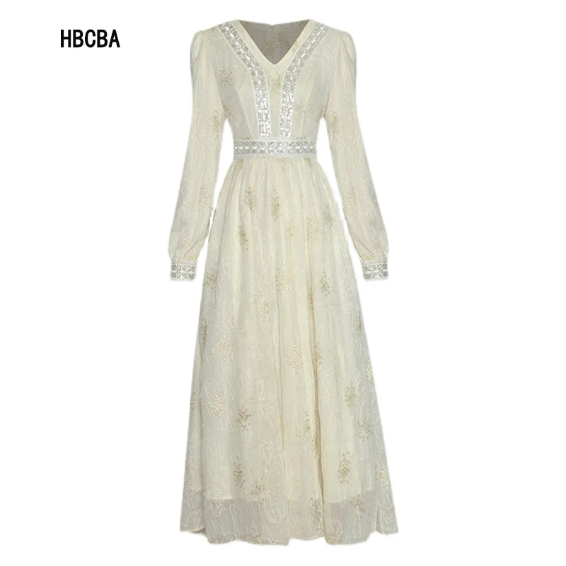 

HBCBA Fashion Designer 2022 Early Spring New V-Neck Long Sleeve Heavy Industry Nail Bead Sequin Embroidered Waist Closing Dress