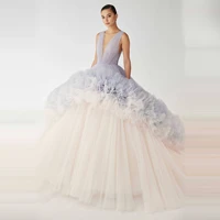 blue tulle ball gown evening dresses deep v neck ruffles lush wedding dress for bridal white floor length long prom dress women