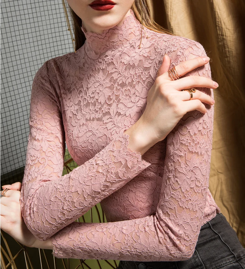 

Real Shot 2021 Spring Autumn Half High Collar Lace Bottoming Shirt Women's Long Sleeve With Small Sexy Hollow Mesh Top