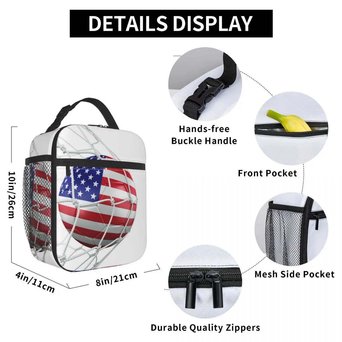 

American Flag Printed Soccer Ball Lunch Bag for Women Men Large Insulated Lunch Box with Water Bottle Holder and Pockets