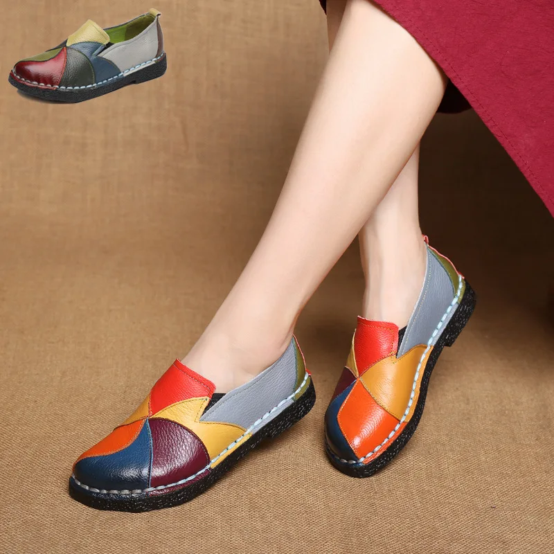 

Women's Genuine Leather Flats Ladies Mother Shoes Loafers Female Mixed Colorful Non Slip On Plus Size 35-42