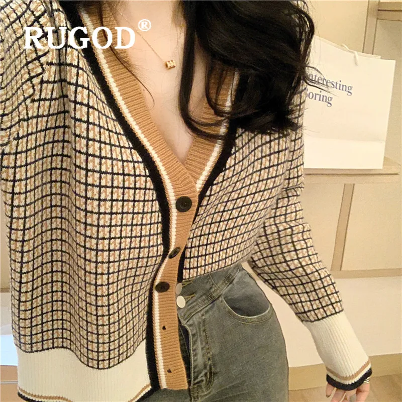RUGOD Autumn Winter New Style Chic Plaid Sweater Contrast Color Single-breasted Knitted Cardigan Kpop Clothes Fashion 2019 |