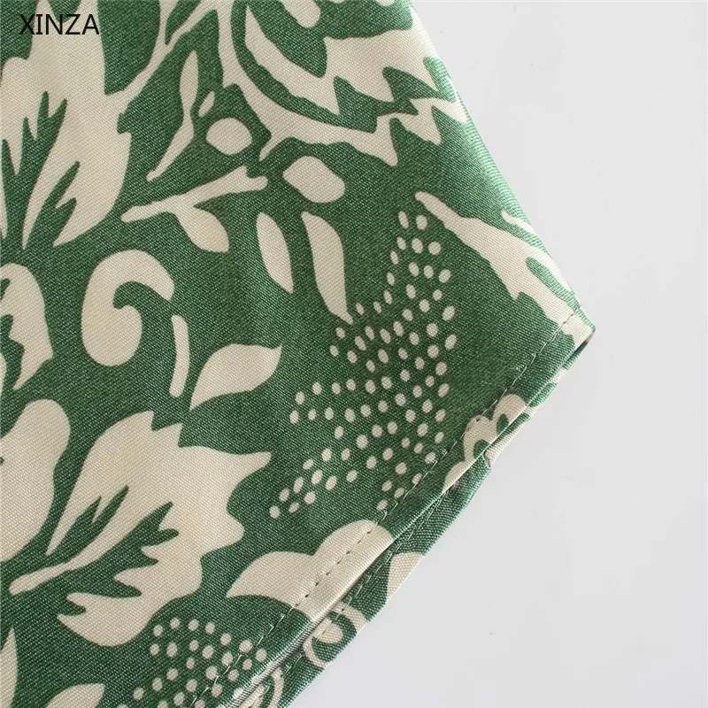 

2021 Za Women Green Floral Print Summer Dress Sleeveless Backless Ruching Sundress Woman Vintage Sexy Long Beach Dresses