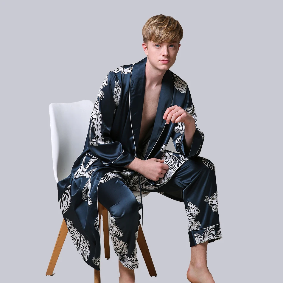 

Two-Pieces Silk Nightgown Satin male Sleepwear Loose Tiger Dress Silky Long Sleeve Robe and Long Pants bathrobe set for Men