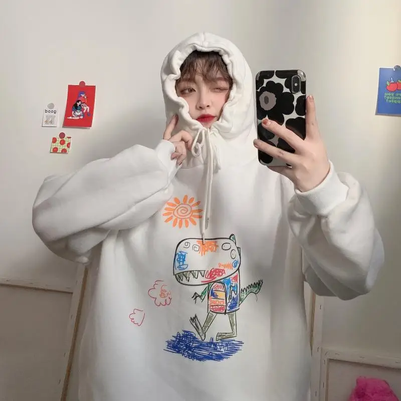 

5499 Korean version of the new autumn and winter graffiti pattern loose thick plus velvet ins long-sleeved Sweatshirts