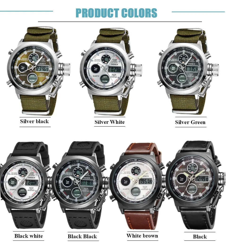 Мужские наручные часы OHSEN зеленые водонепроницаемые спортивные с хронографом