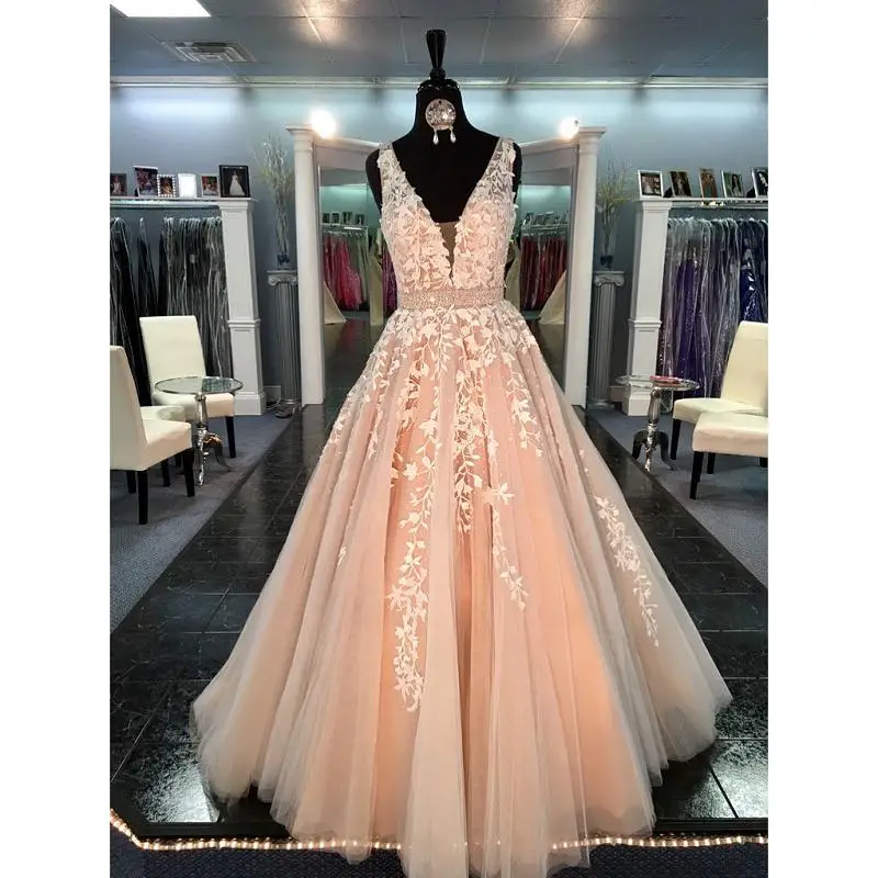 

Vestido De Fiesta 2020 Princess Prom Dress Champagne A-Line Tulle Deep V-Neck Appliqued Women Evening Dresses Long Party Gown