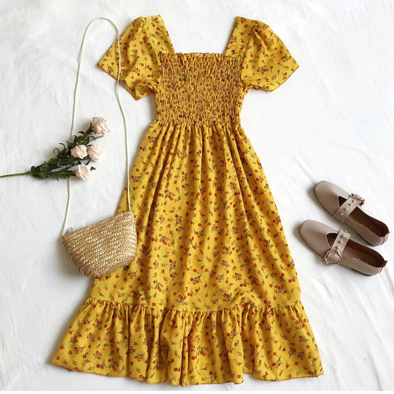 Floral Dress Boho Puff Sleeve Square Neck Women Vintage Summer Beach Dresses 2020 Korean Kawaii Ruffle Clothes Vestidos | Женская одежда