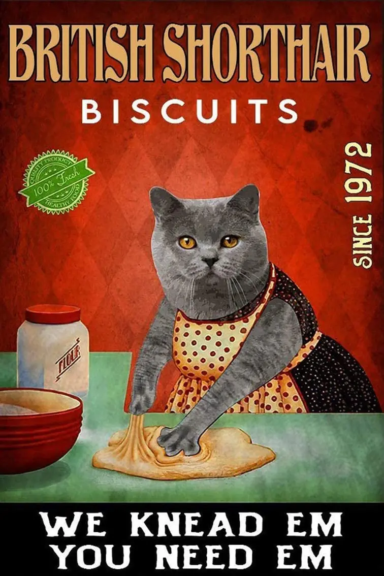 

Cat Decor for Bedroom Cooking Cat British Shorthair Biscuits We Knead Em You Need Em EST 1972 Cat Wall Art Decor