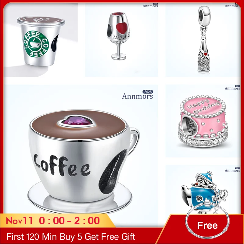 

Afternoon Tea Charm Coffee Red Wine Cake 925 Sterling Silver Fits Pandora Original Bracelet Necklace Charm Zircon Woman Jewelry