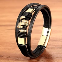 xqni multi layer accessories men stainless steel leather bracelet paw design punk style magnet button jewelry for birthday gift