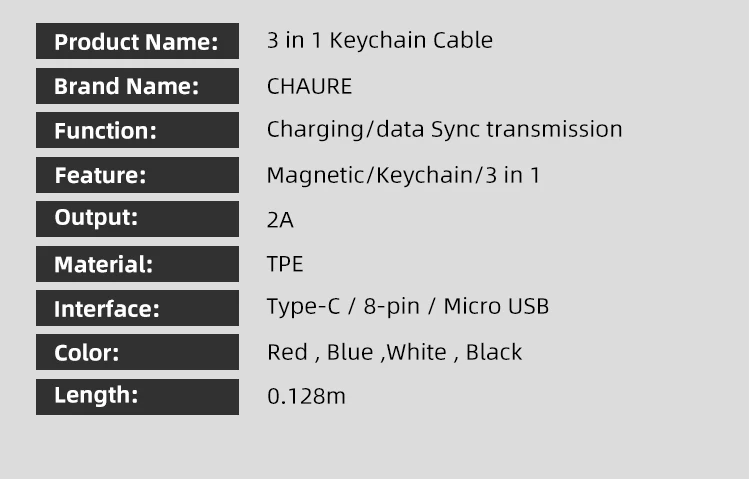 CHAURE, 3 в 1, USB кабель, мини брелок, 2А, портативный магнитный кабель для быстрой зарядки, для освещения типа C, микро-кабель для синхронизации данных и зарядки