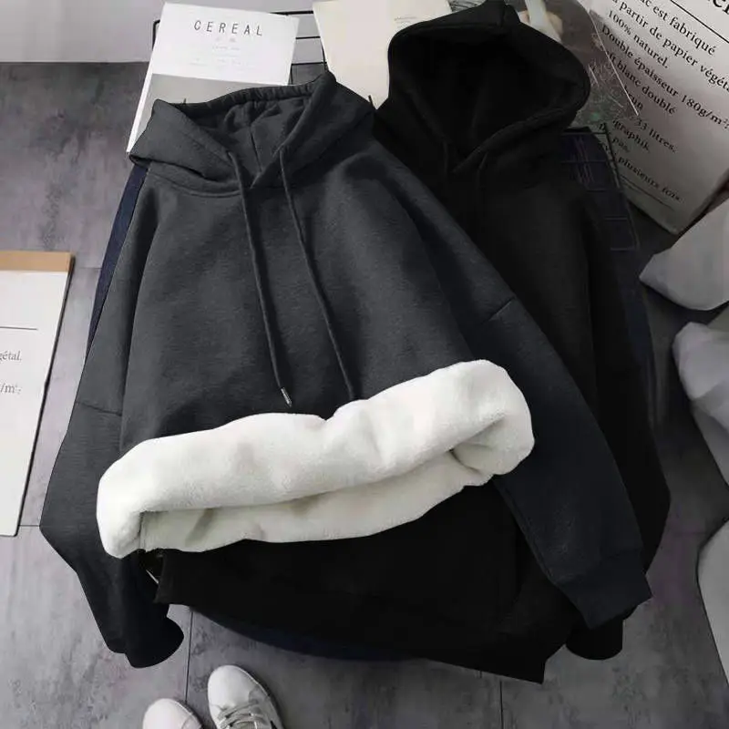 

Women's Hooded Fleece Warm Sweatshirts Thick Velvet Loose Korean Student Autumn Winter Fashion Solid Color Pullover Coat Hoodies