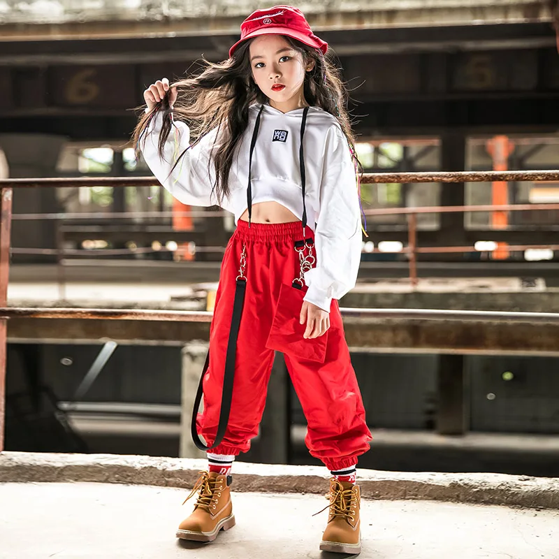 

New Hip Hop Clothing Girls Jazz Dance Costume Long Sleeve Black Tops Red Cargo Pants Kids Hip Hop Performance Wear Rave Clothes