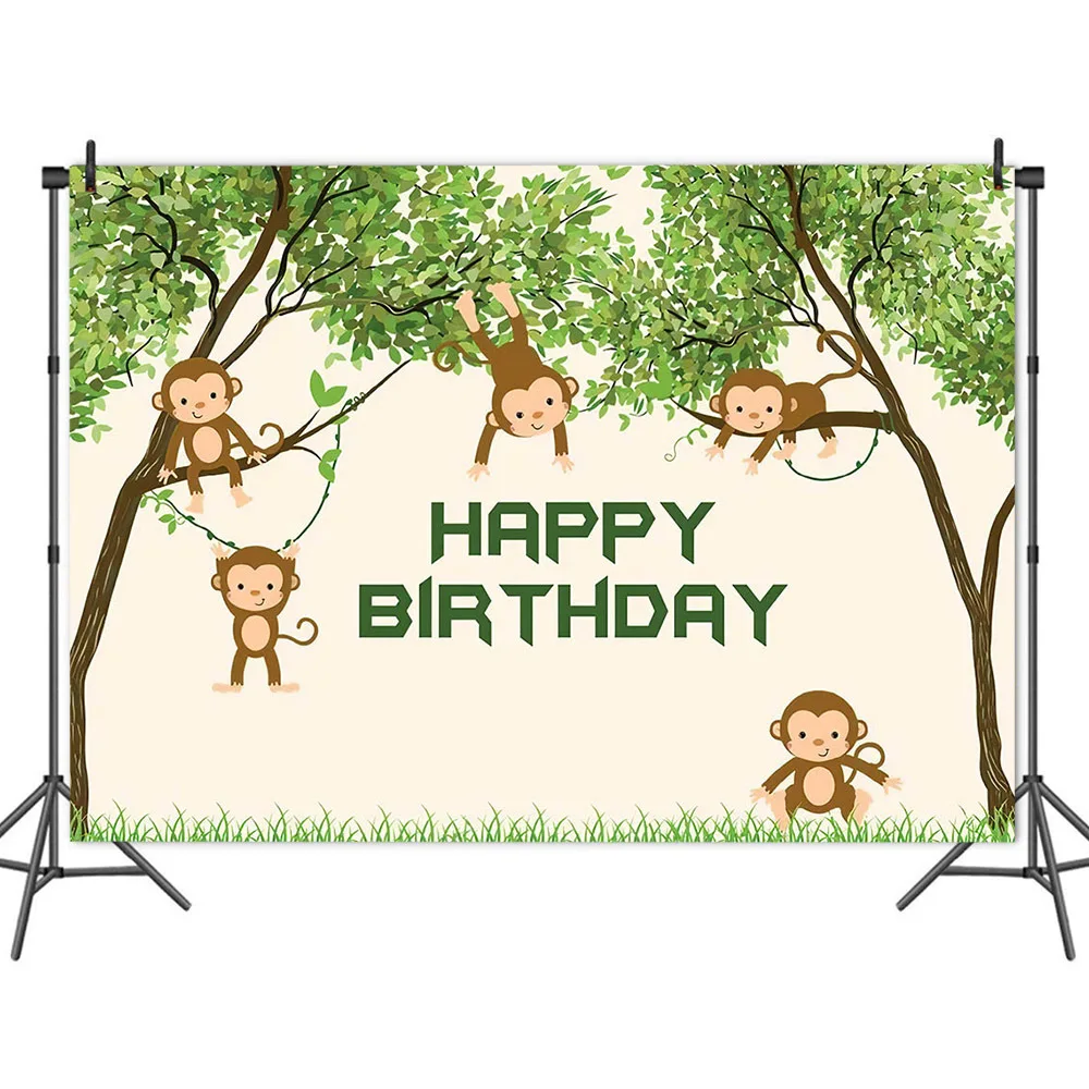 

Cartoon Naughty Monkey Climbing Tree Playing Backdrop Photography Photo Boy Birthday Party Table Decoration Pictorial Background