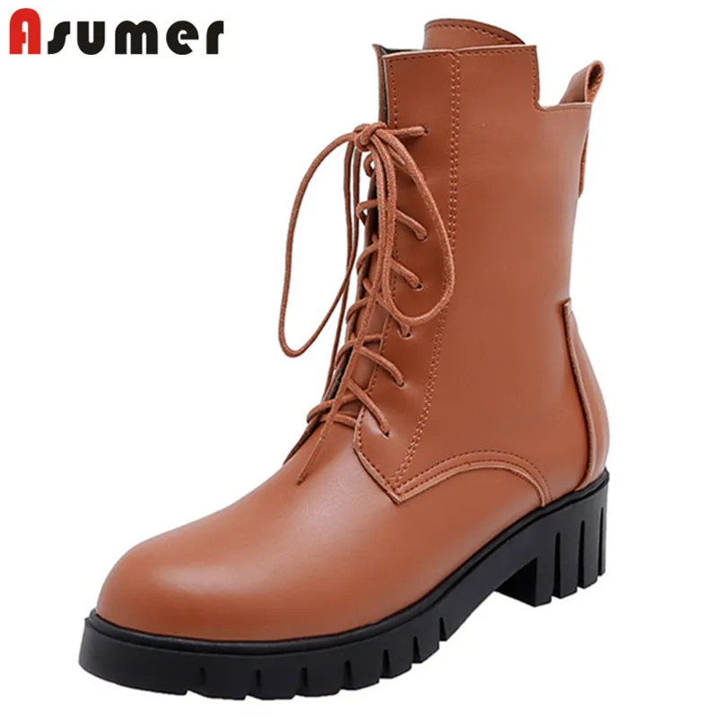 ASUMER/Лидер продаж 2020 года Женские ботильоны на шнуровке с круглым носком среднем