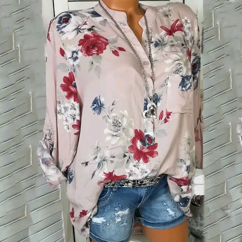 2019 Осенняя женская рубашка модная с v-образным вырезом длинными рукавами