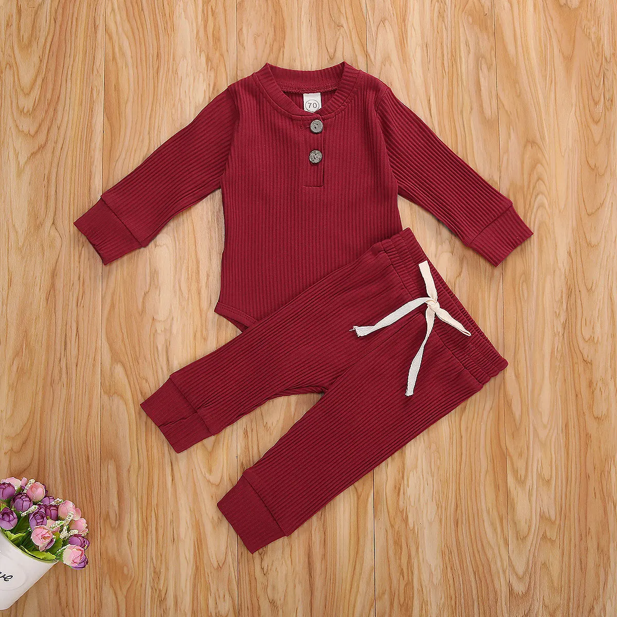 

0-24M Infant Newborn Baby Girls Boys Ribbed Outfits Solid Long Sleeve Bodysuits + Elastic Pants Spring Autumn 2PCs Clothes Sets
