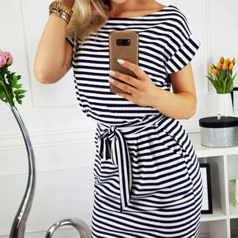 2019 женское мини-платье в полоску с круглым вырезом элегантные женские летние