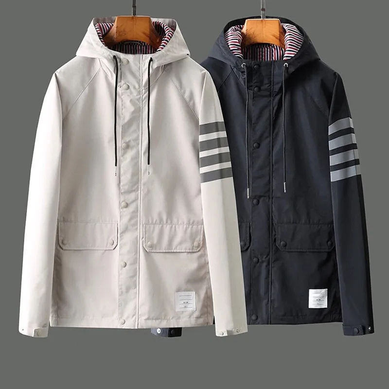 2021 Fashion TB Brand Jacket Men Cardigans Clothing Spring Autumn Hooded Reflective Stripe Waterproof Casual Coat With Nood