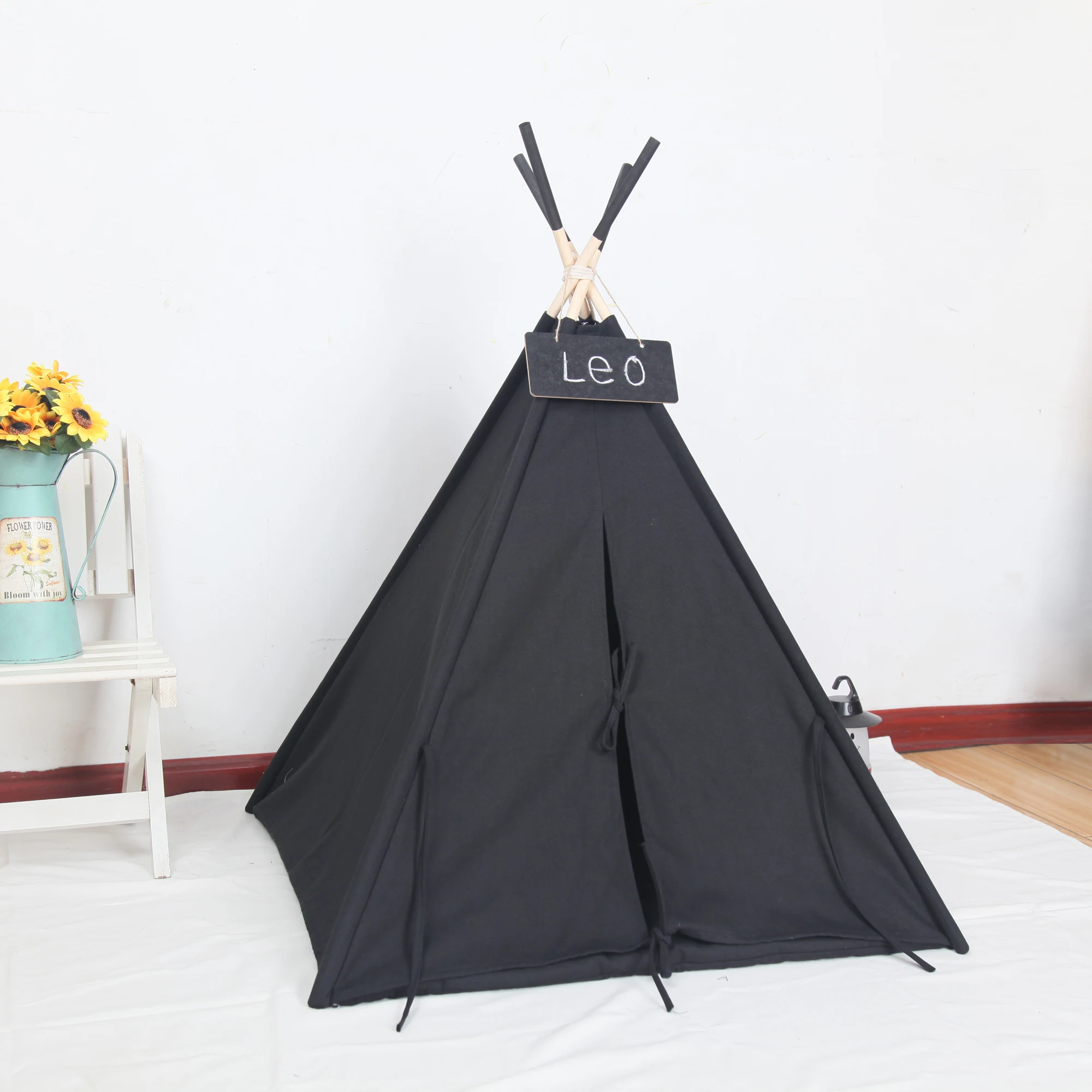 

Black Canvas Pet Teepee 60cm Base 63cm Tall natural unpainted poles now