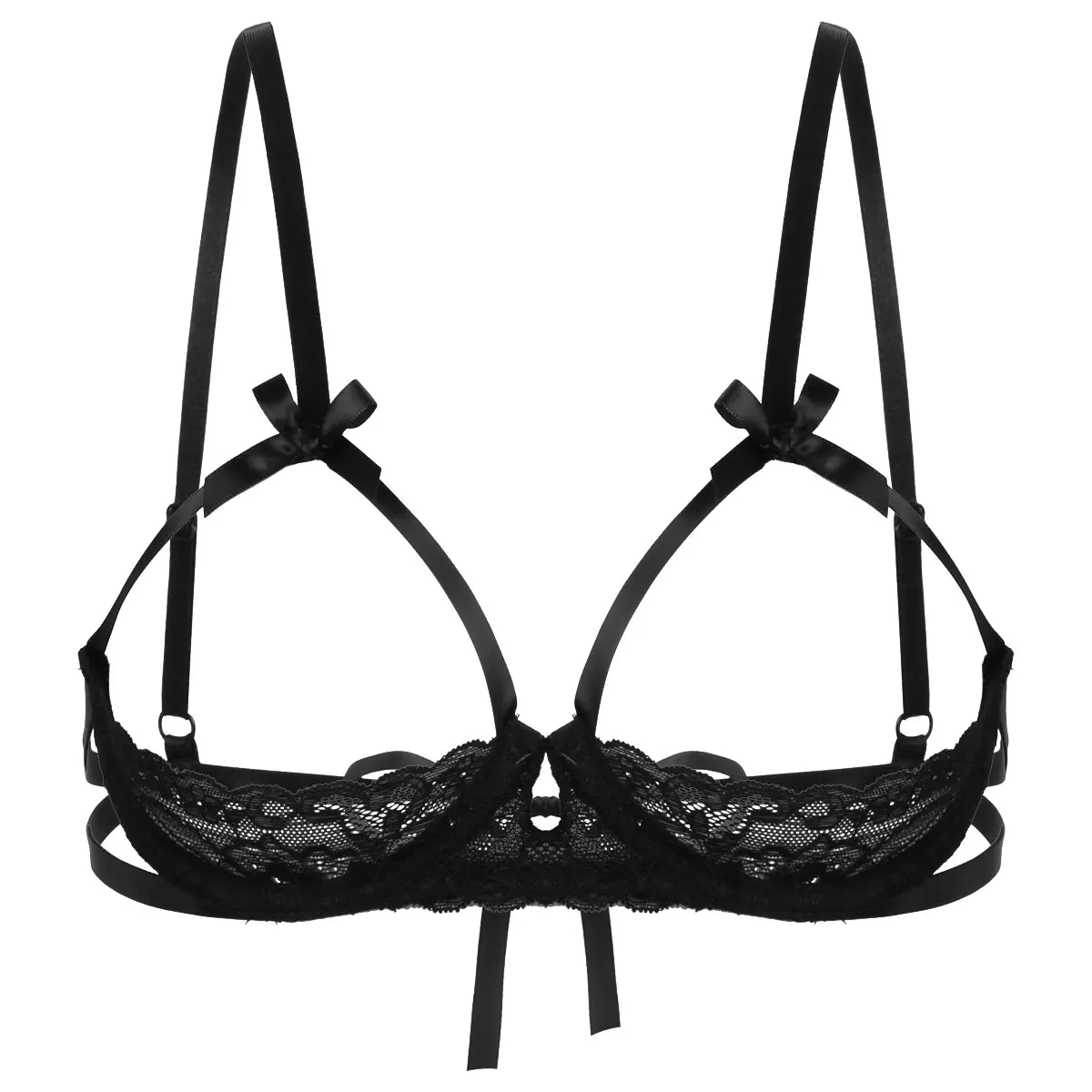 

Womens Erotic Open Cups Lace Bra See Through Sheer Bralette Lingerie Adjust Spaghetti Straps Sexy Bare Breast Underwired Bustier