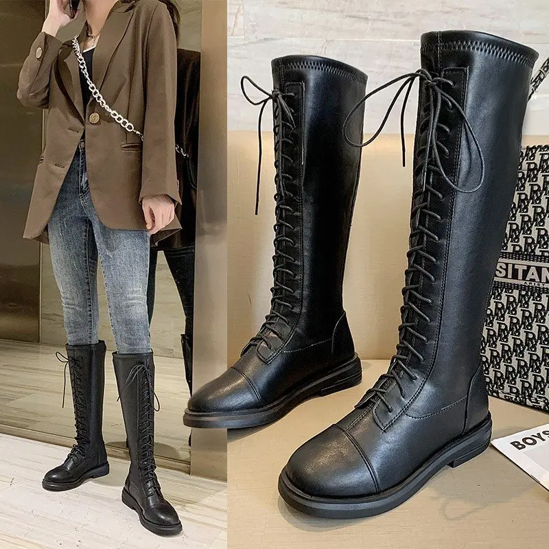 

Женские ботильоны, Зимние Модные рыцарские ботинки средней длины на плоской подошве, кожаные мотоциклетные ботинки, черная женская обувь