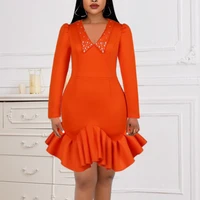 women dresses party turn down collar beadings long sleeve ruffles bodycon classy ladies christmas evening date out robes african