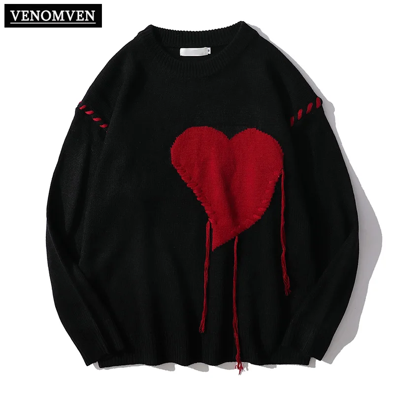 

Harajuku vintage love oversized knitted sweater women's punk rock hip hop Korean clothes letter print pullover men grandpa ugly