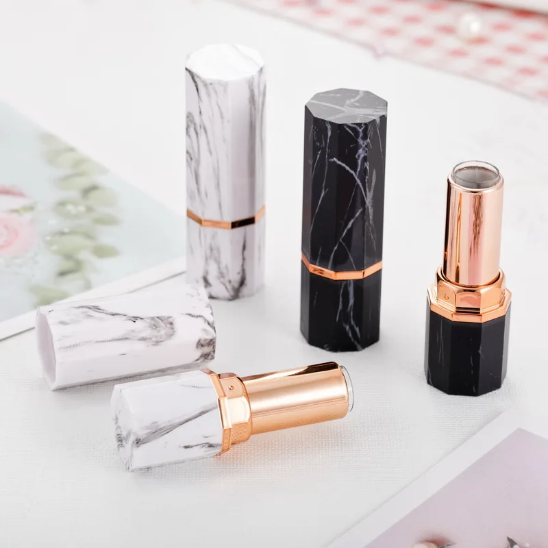 

1-25pcs Marble White Black Gold Rim Eight Sides Empty Lipstick Tube Lip Balm Container Cosmetics Refillable Shell wholesale