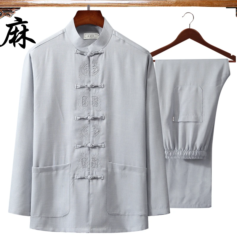 Новинка мужская рубашка из хлопка и льна в китайском стиле с длинным рукавом