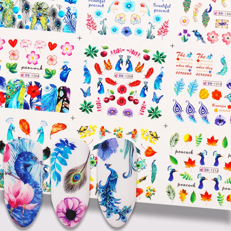 Цветные наклейки на ногти 12 видов смешанных узоров Павлин ногтей водяные для