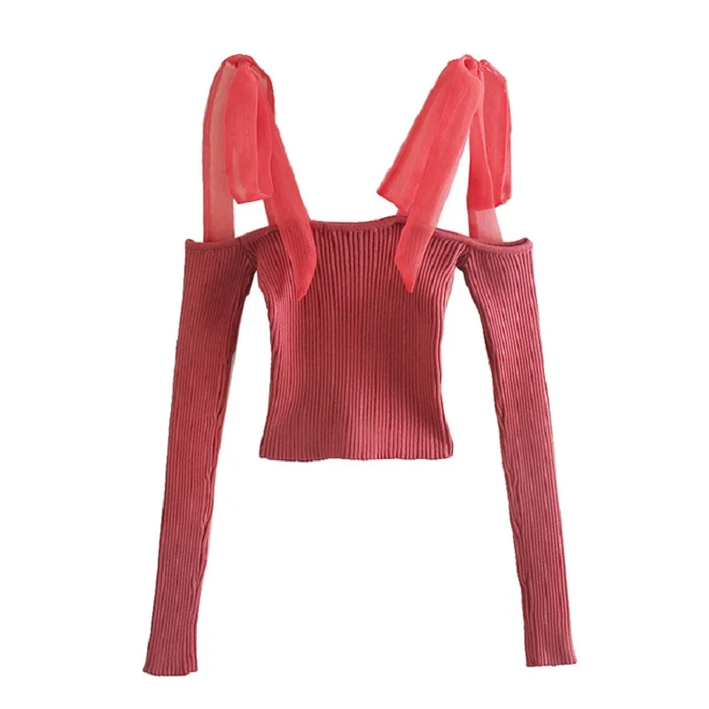 

Sweet Knitted Crop Sweater Women Summer Cute Knit Top Slim Short Mesh Straps Long Sleeve Female Pullover Red