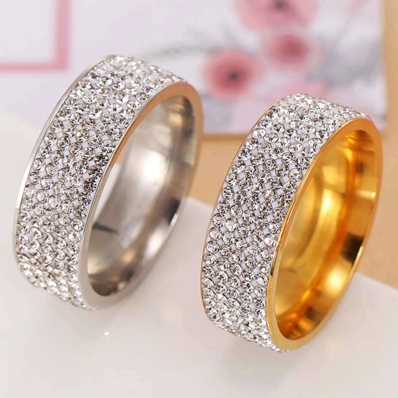 2021 Hot Sale Vintage Retro Style Steel Ring for Women 5 Row Clear Crystal Jewelry Fashion Stainless Steel Engagement Wemen