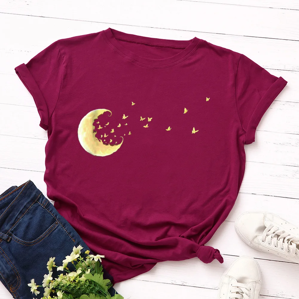 

Women Summer Moon Print Harajuku T-shirt Fashion Cotton Tees Casual Western Butterfly Aesthetic Basic Tees
