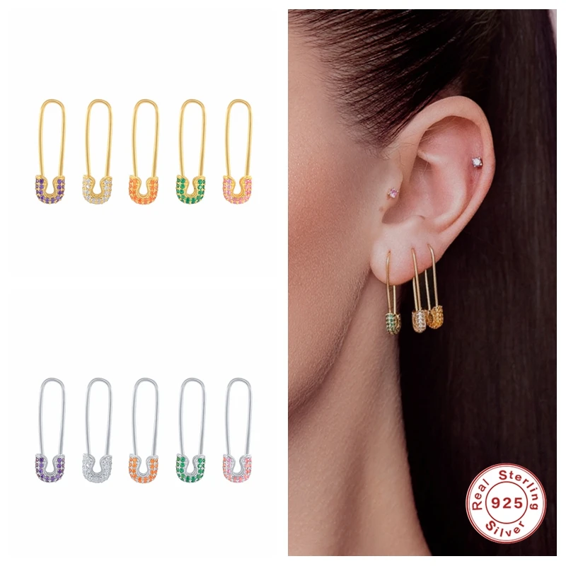 

Aide 100% 925 Sterling Silver Fashion Colorful Charm Zircon Safety Pin Stud Earrings for Women Unusual Earrings Piercing Jewelry