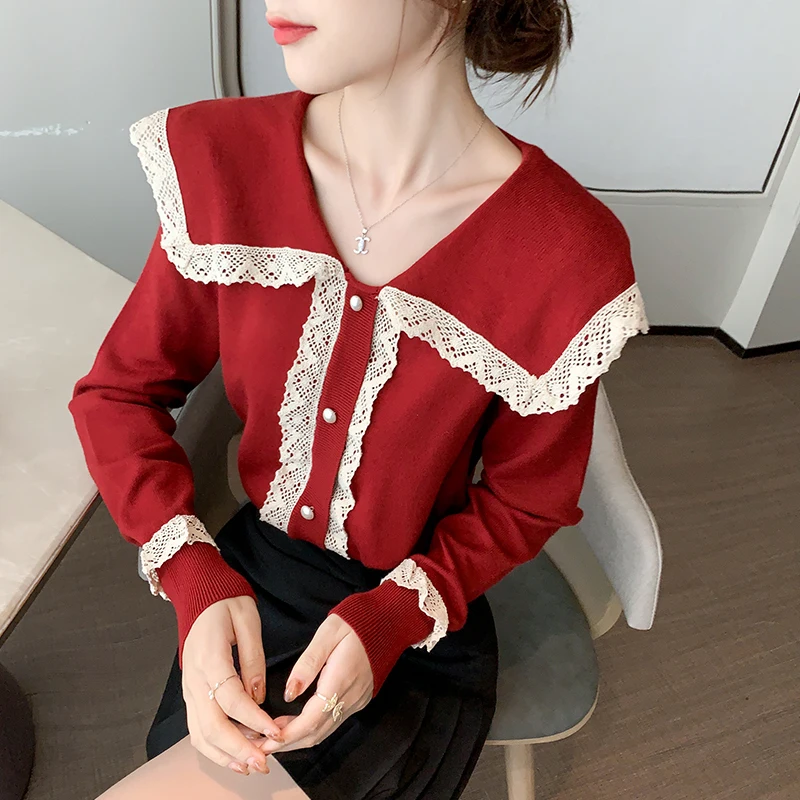 

New Elegant Women fall/winter pullover sweater for female outer wear sweet top doll collar knitted bottoming shirt