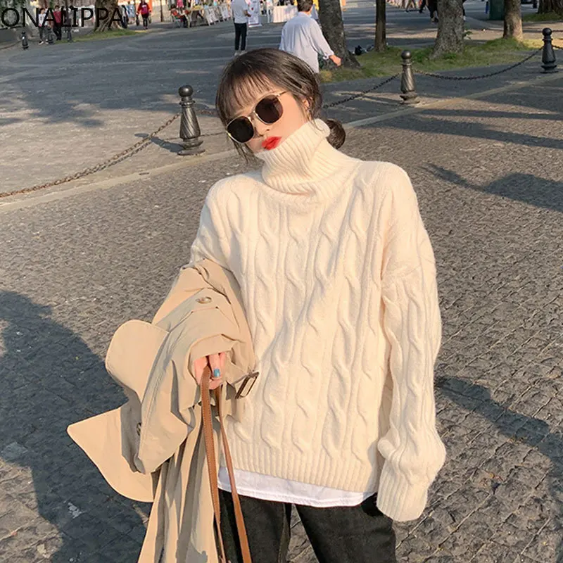 

ONALIPPA Women Sweater Turtleneck Loose Outer Wear Autumn Winter 2021 New Retro Japanese Style Base Knitted Pullover Top Tide