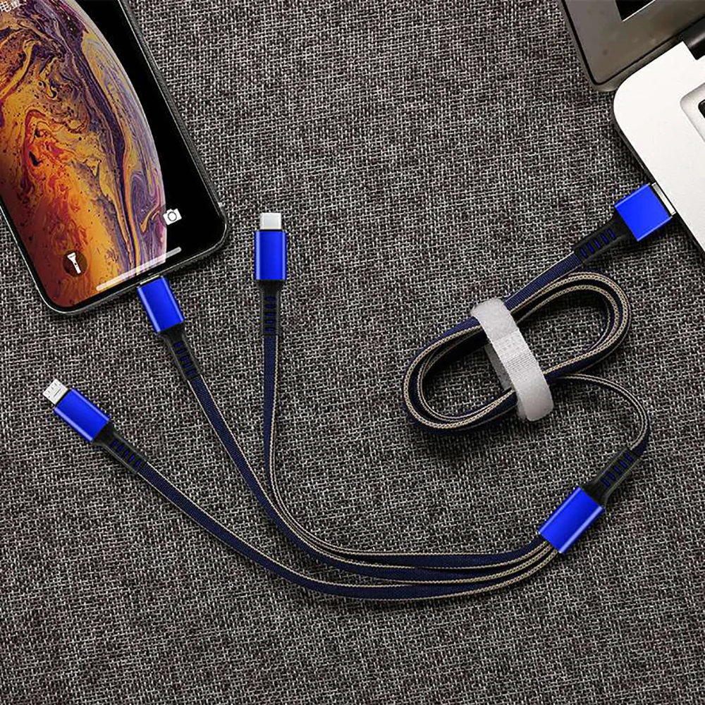 Синий USB кабель для iPhone XS X 8 7 6 Быстрая Зарядка Кабели нейлон 3 в 1 мульти Тип C Micro USB кабель для передачи данных для samsung зарядное устройство Шнур - Цвет: Синий