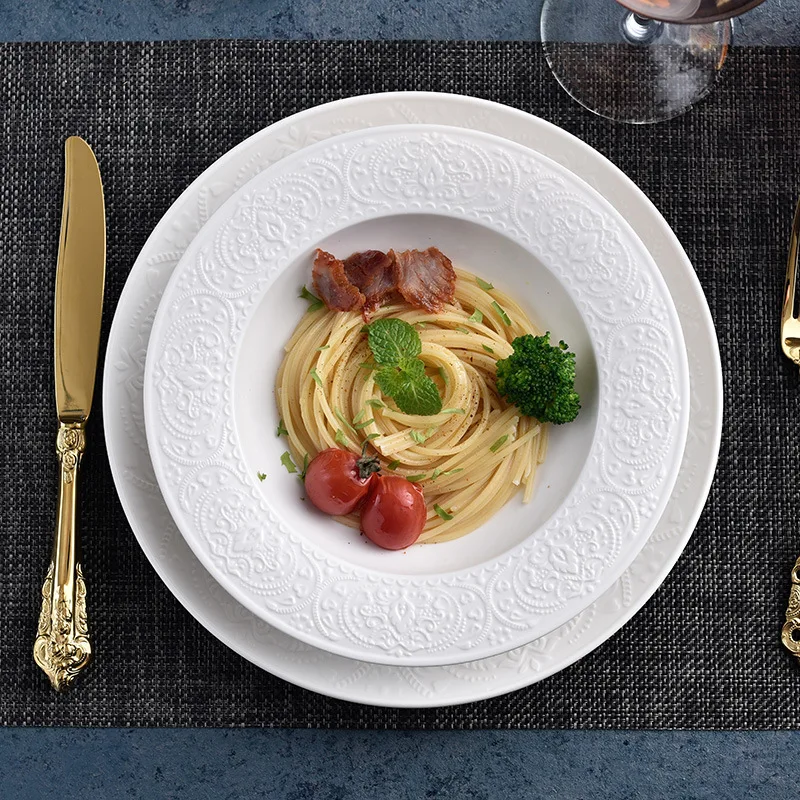 

Простая Скандинавская посуда, чистый белый рельефный керамический тарелка в западном стиле, тарелка для дома одного поколения