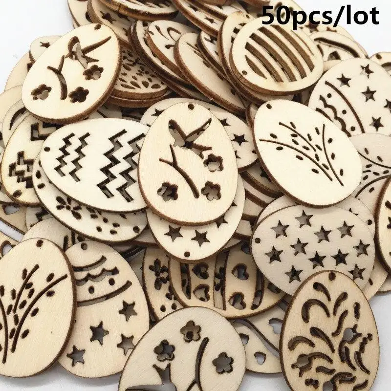 

50/10pcs Happy Easter Decorations For Home Easter Party Supplies Wooden Eggs Easter Decor Craft DIY Ornament Hanging