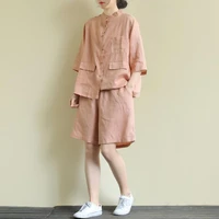 large size womens loose short sleeve linen shirt and shorts set two piece solid color casual tops capri pants summer suit zh668