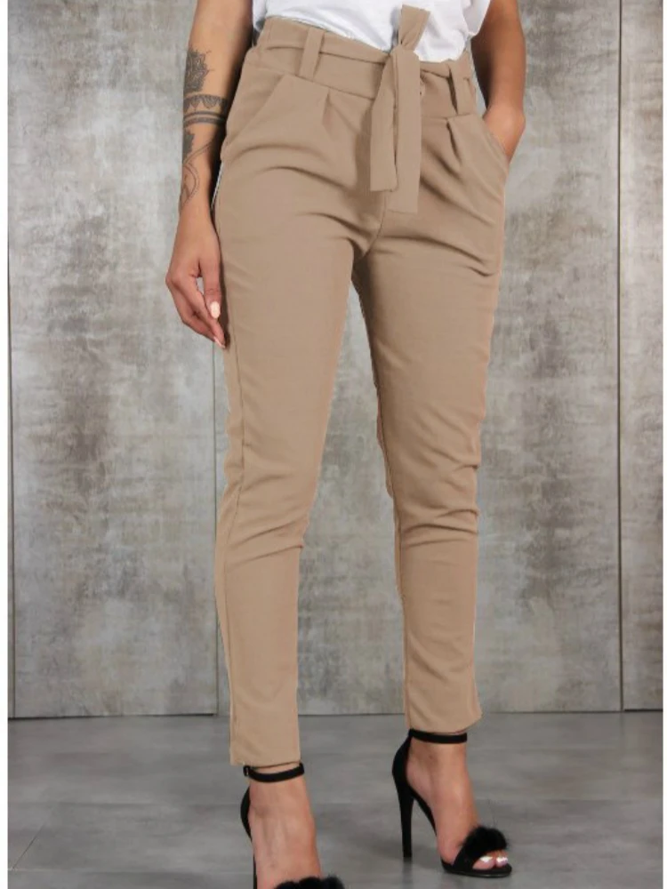 

Women Solid Casual Pants 2020 Spring Autumn New Fashion Sweatpants with Belt Female Elegant High Street Ankle Length Trousers