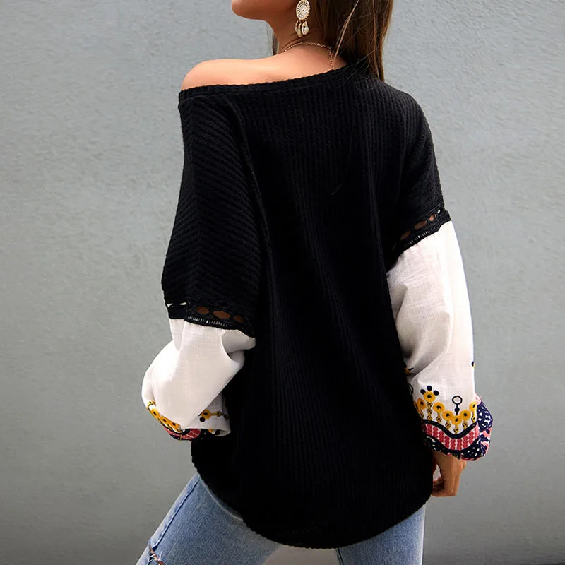

Embroidered Lantern Sleeve Patchwork Knitwear Women Pullover Sweater Fall Winter 2019 New Arrivals Wool Knit Tops Ladies Jumpers