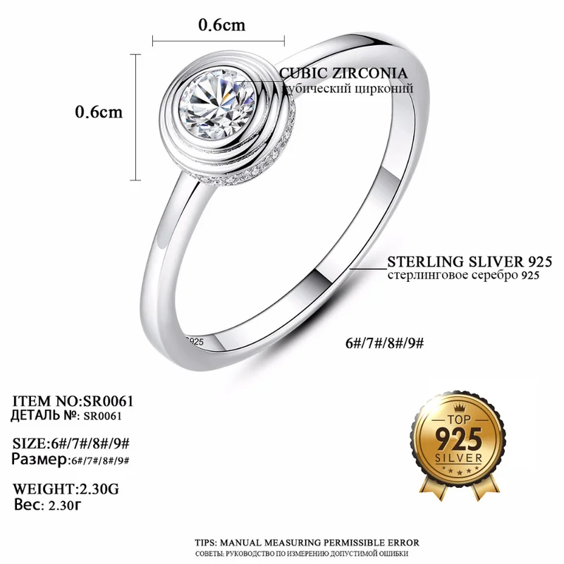 

WANLUO Brand Elegant 925 Sterling Silver Wedding Ring with Round Clear Fashion Fine CZ Crystal Rings for Women Party Jewelry