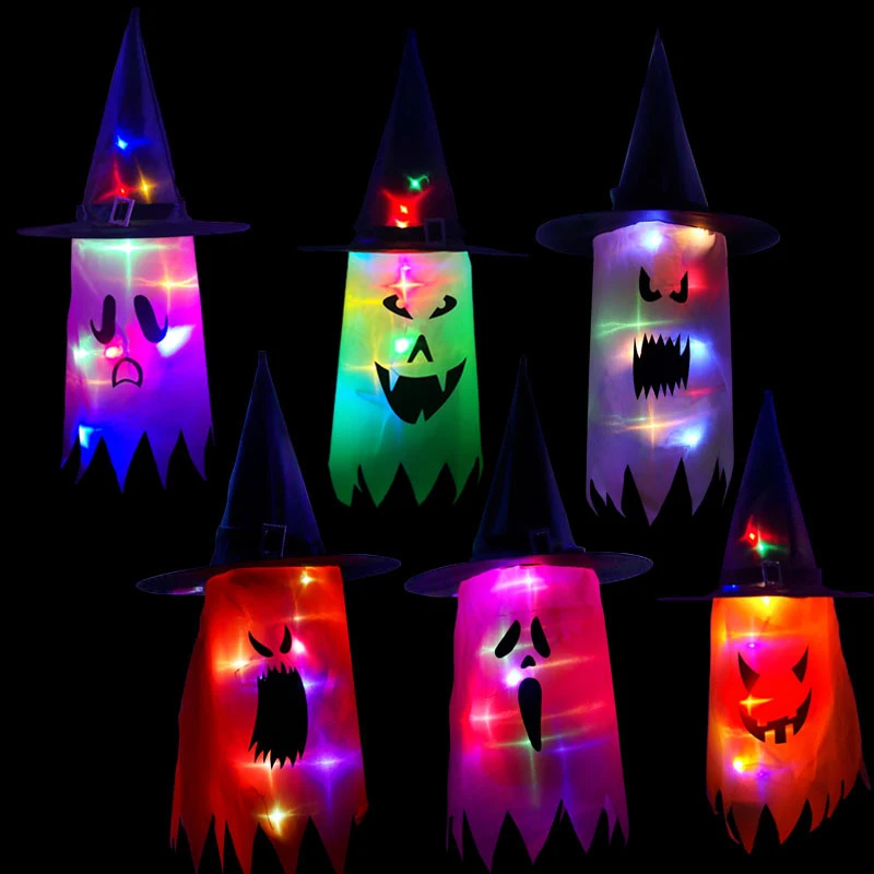 

Хэллоуин, подвесные светящиеся строительные огни, украшение, светящаяся ведьма, шляпа, Хэллоуин, вечеринка, на открытом воздухе, двор, дерев...