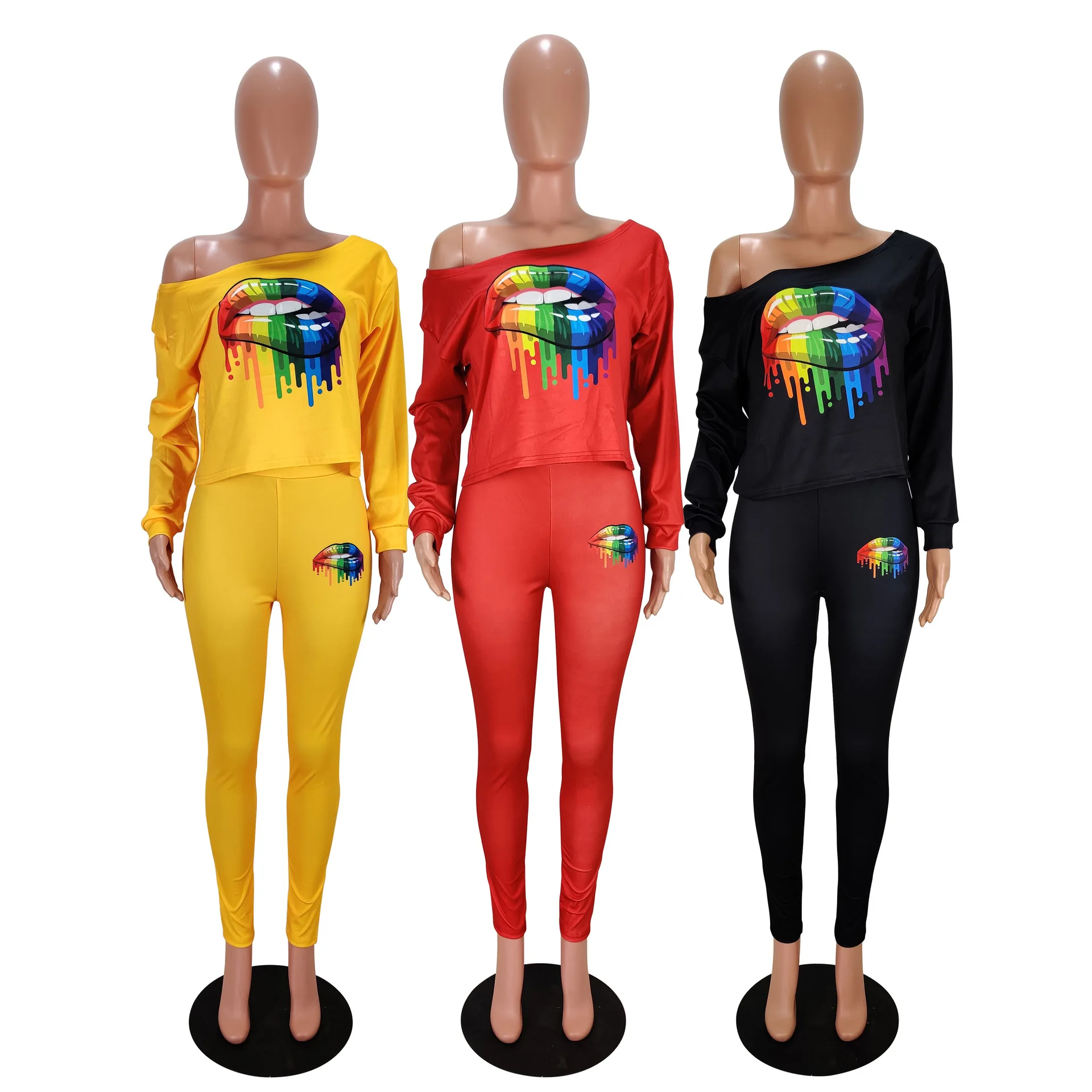 Brand fashion colorful lip print sexy women set lady autumn winter long sleeve 2 pieces outfits for DA5100 |