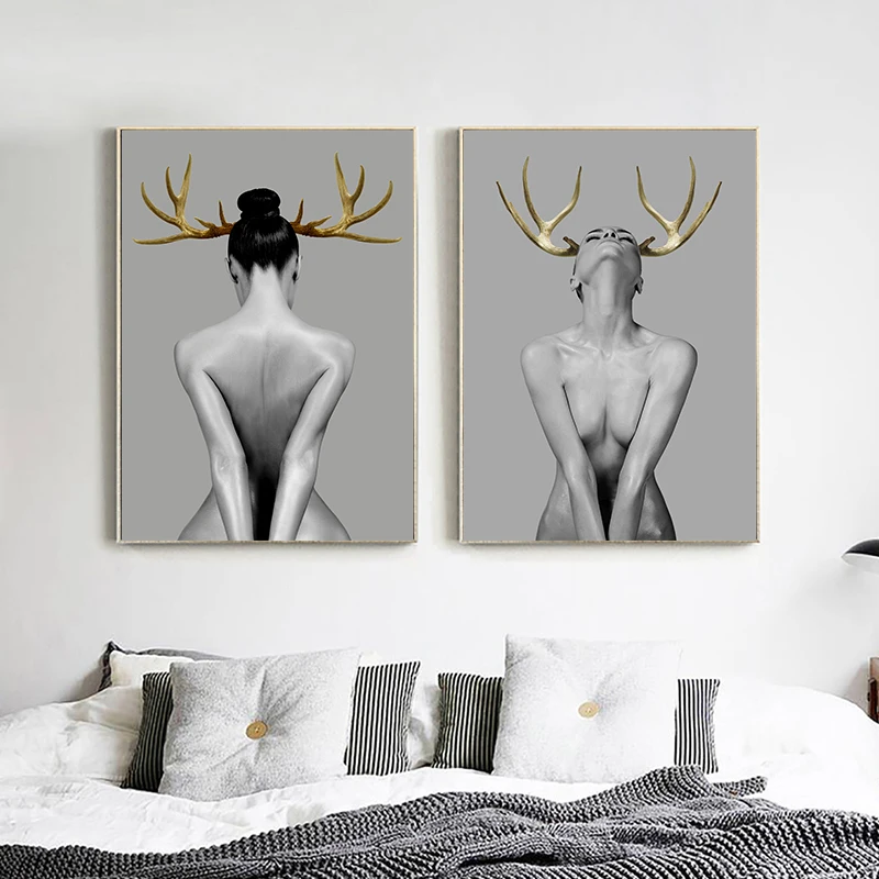 

Modern Sexy Nude Woman Golden Deer Angle Canvas Painting Art Printing Poster Pictures Wall Bedroom Living Room Home Decor