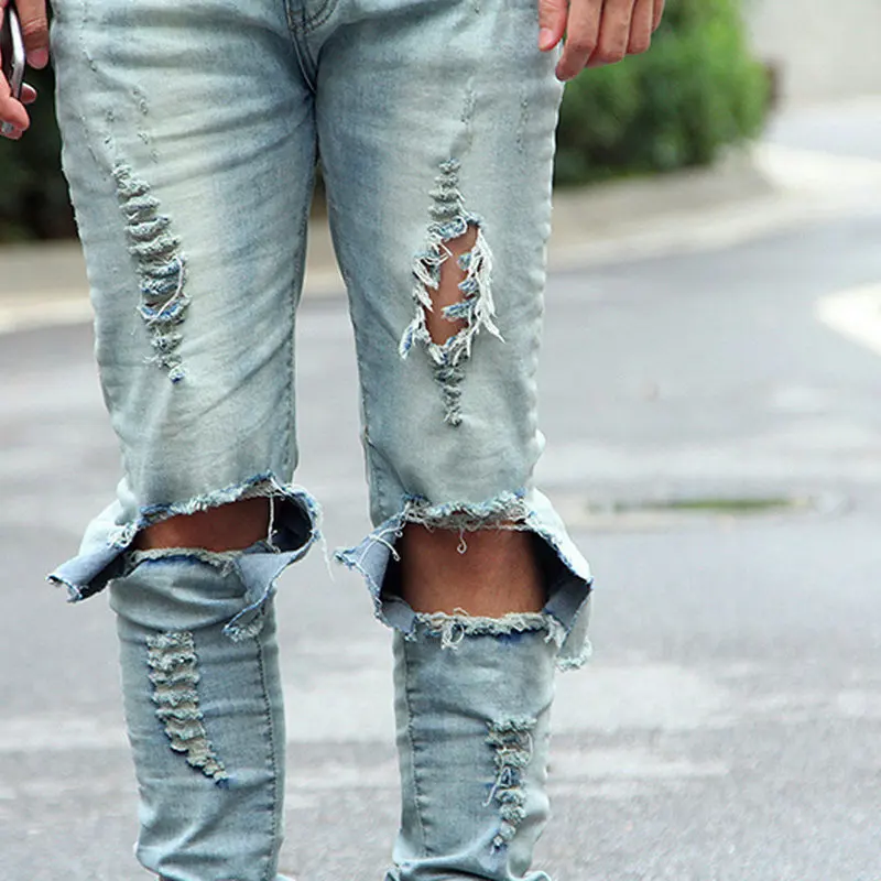 Мужские рваные джинсы с перекрестными краями новая модель на весну уличный стиль